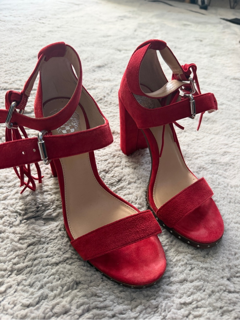 Vince Camuto Red Suede Block Heel w/ fringe Sandals with Ankle Strap 6.5